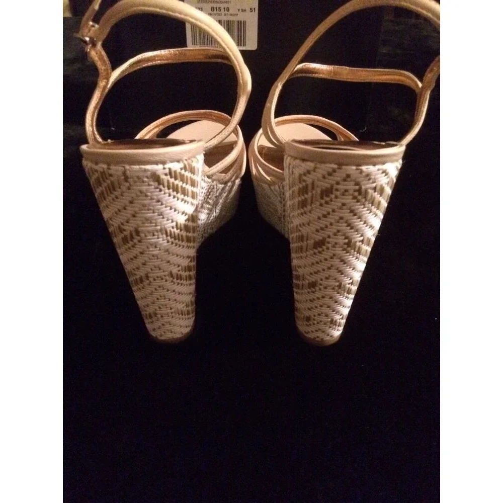 BCBGeneration Shoes Hosanna Leather & Fabric Bronze & Tan Wedges Size 10 NWT
